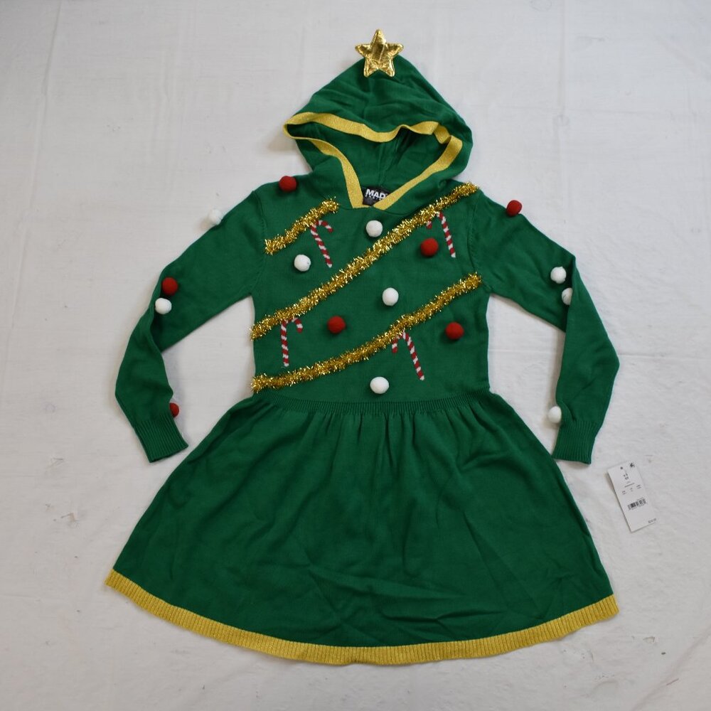 Mad Engine Youth Girls Bling Tinsel Christmas Tree Hoodie Midi Dress New XS(4/5)